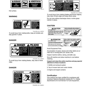 May include: A page of safety labels with warnings and instructions. The labels are in English and Spanish, with black and white graphics. Warnings include hot surfaces, avoiding injury, and not mowing without a grass catcher.