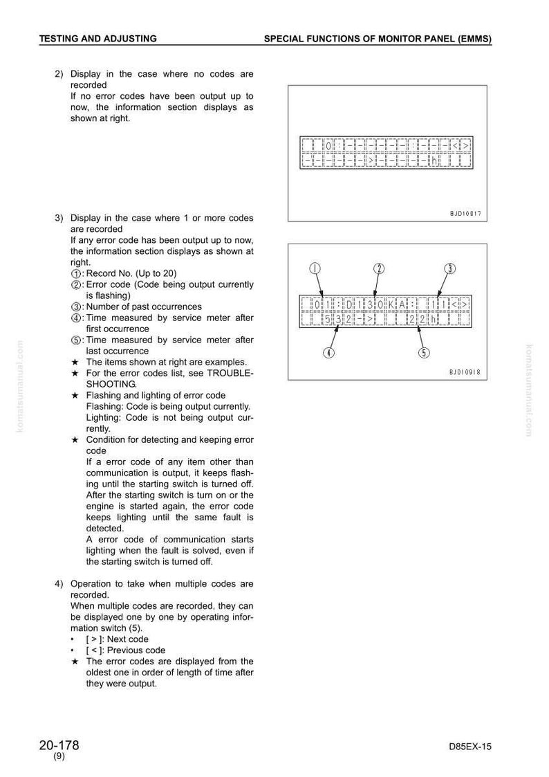 Pode incluir: Uma p&aacute;gina de manual com o t&iacute;tulo "Testing and Adjusting" e "Special Functions of Monitor Panel (EMMS)". Inclui diagramas e texto que explicam os c&oacute;digos de erro e sua exibi&ccedil;&atilde;o.