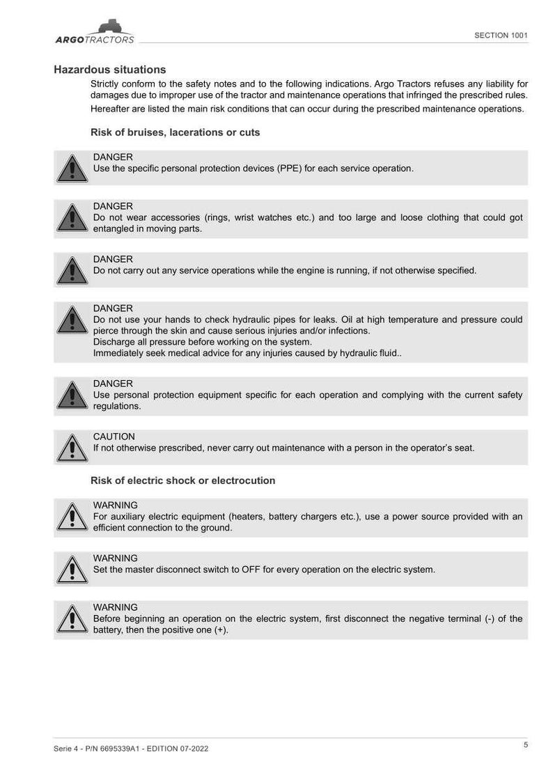 Puede incluir: Una p&aacute;gina del manual de seguridad de Argo Tractors, que detalla situaciones peligrosas y advertencias de seguridad. La p&aacute;gina incluye advertencias sobre protecci&oacute;n personal, evitar piezas m&oacute;viles y peligros el&eacute;ctricos.