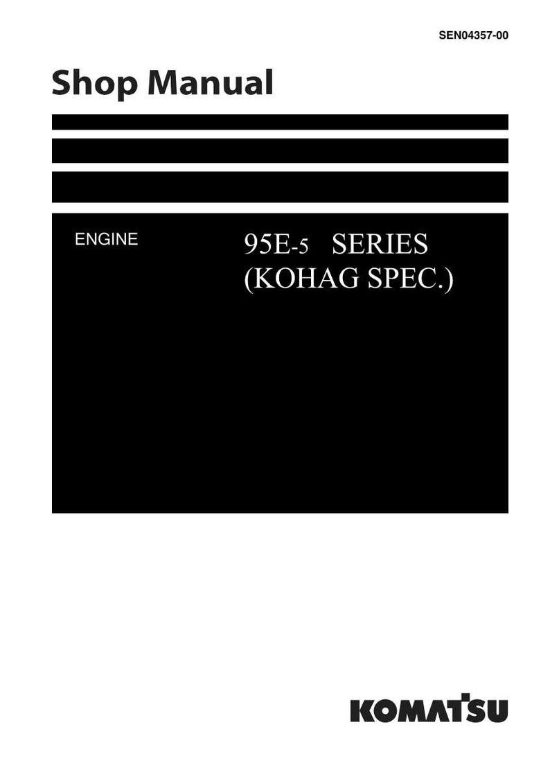 Puede incluir: Un manual de taller blanco con texto negro. El t&iacute;tulo "Shop Manual" est&aacute; en la parte superior, con el texto "ENGINE" y "95E-5 SERIES (KOHAG SPEC.)" debajo. El logotipo de Komatsu est&aacute; en la parte inferior.