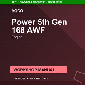 Może przedstawiać: Bordowe tło z tekstem "AGCO Power 5th Gen 168 AWF Engine". Poniżej r&oacute;żowy prostokąt z napisem "WORKSHOP MANUAL". Na dole obrazu widnieje napis "102 PAGES &bull; ENGLISH &bull; PDF."