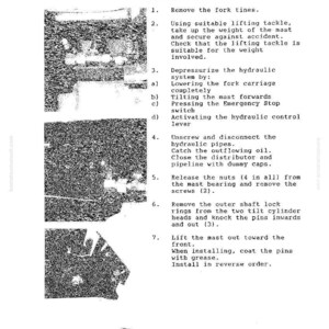 Puede incluir: Una p&aacute;gina de un manual titulada "M&aacute;stil" con instrucciones para quitar e instalar un m&aacute;stil. El texto est&aacute; en fuente negra sobre un fondo blanco, con diagramas y pasos numerados para el proceso.