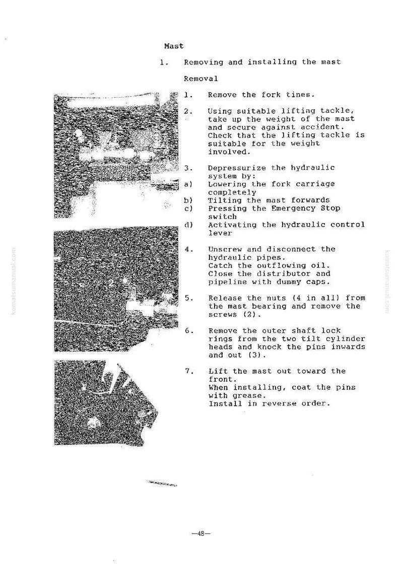 Puede incluir: Una p&aacute;gina de un manual titulada "M&aacute;stil" con instrucciones para quitar e instalar un m&aacute;stil. El texto est&aacute; en fuente negra sobre un fondo blanco, con diagramas y pasos numerados para el proceso.
