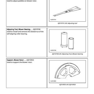 May include: Diagram of essential tools for a discharge system. Includes an adjusting tool, blower bearing, and support for the blower rotor. Each tool is labeled with a KJD number and a brief description of its function.