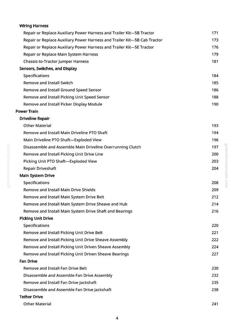 May include: A page from a manual with a table of contents for tractor repair. The headings include Wiring Harness, Sensors, Power Train, Main System Drive, and Picking Unit Drive. The page numbers are listed on the right.