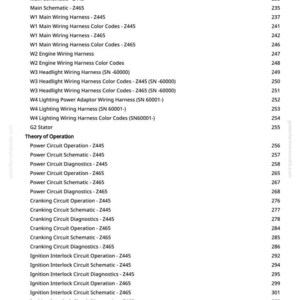 May include: A manual page detailing schematics and harnesses, with sections on wiring diagrams and colour codes. Terms such as "Power Circuit" and "Ignition Interlock Circuit" are present. The page number is visible.