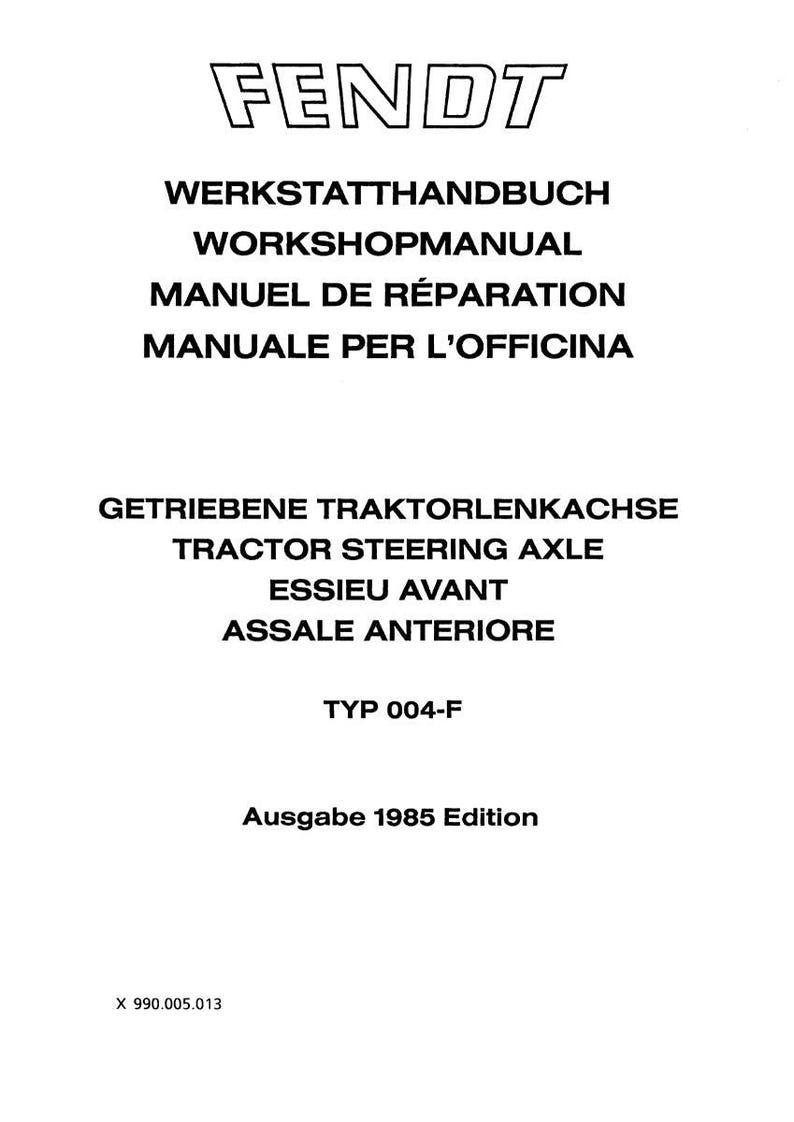 May include: A white cover with black text, featuring the brand name "FENDT" at the top. The cover includes the text "WERKSTATTHANDBUCH", "WORKSHOPMANUAL", "MANUEL DE R&Eacute;PARATION", and "MANUALE PER L'OFFICINA". The text "GETRIEBENE TRAKTORLENKACHSE", "TRACTOR STEERING AXLE", "ESSIEU AVANT", and "ASSALE ANTERIORE" are also visible. The edition is from 1985.