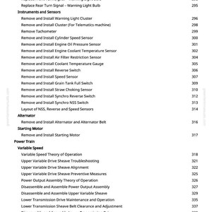 May include: A page from a manual with a table of contents. The headings include Lighting, Instruments and Sensors, Alternator, Starting Motor, Power Train, and Clutch. The text includes various repair and maintenance procedures.