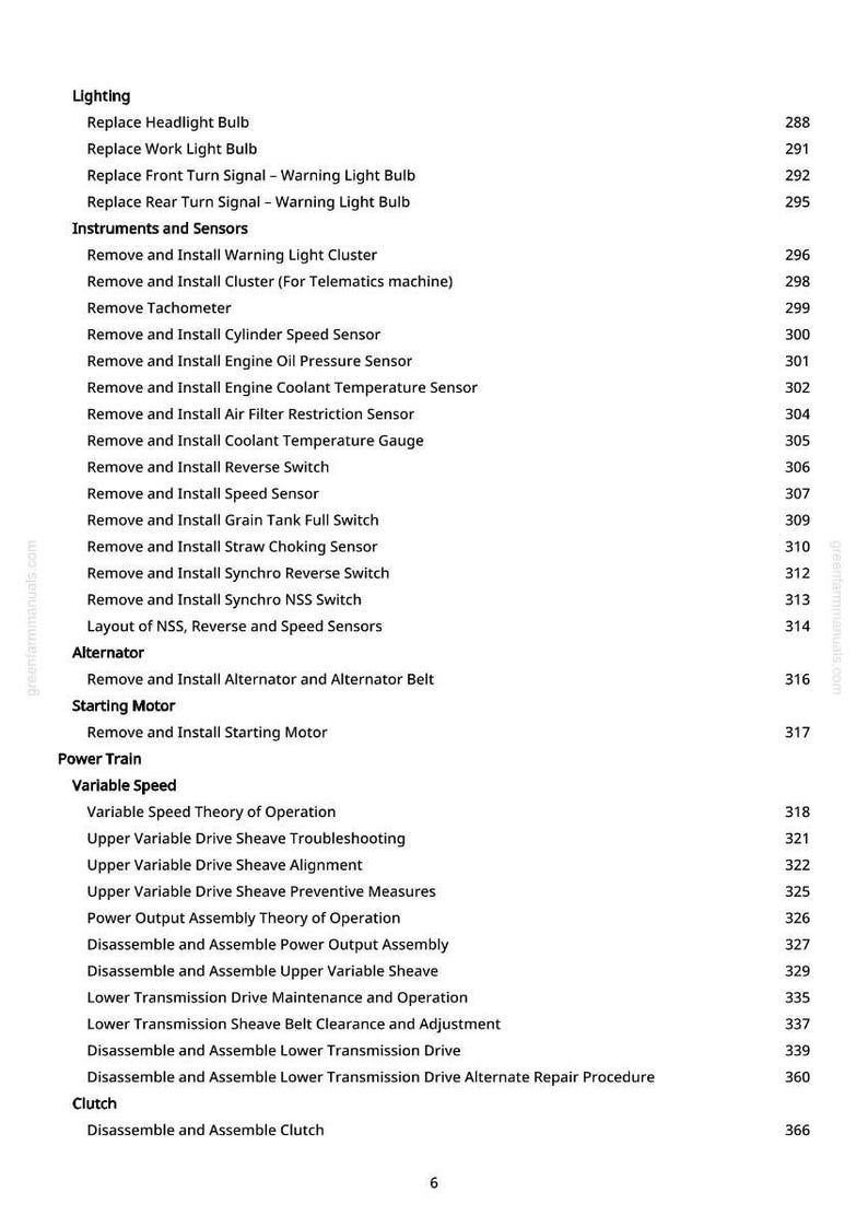 May include: A page from a manual with a table of contents. The headings include Lighting, Instruments and Sensors, Alternator, Starting Motor, Power Train, and Clutch. The text includes various repair and maintenance procedures.