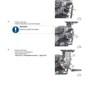May include: Diagram of an engine assembly with numbered components and instructions. The image includes text in French, with labels and figures for reference. The diagrams show different steps in the assembly process.