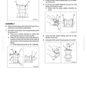 May include: Diagram of track roller assembly disassembly and assembly instructions. Includes illustrations of parts, tools, and steps. Press-fitting dimension a: 17 &plusmn; 0.5 mm.