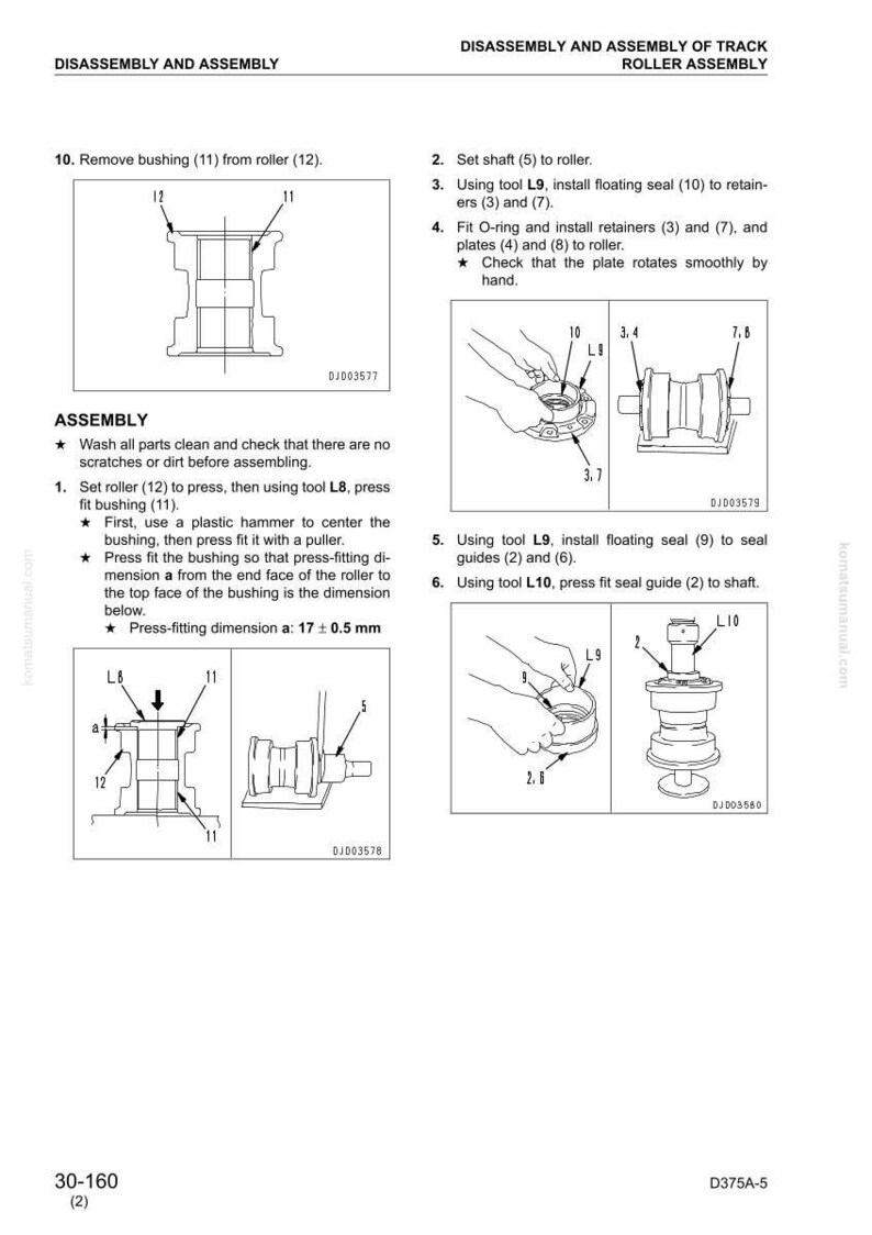 May include: Diagram of track roller assembly disassembly and assembly instructions. Includes illustrations of parts, tools, and steps. Press-fitting dimension a: 17 &plusmn; 0.5 mm.