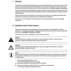 May include: A service manual page titled "Preface" with sections on general information, symbols, and regulations. The manual includes safety warnings and instructions for Liebherr hydraulic excavators. The document is for internal use.