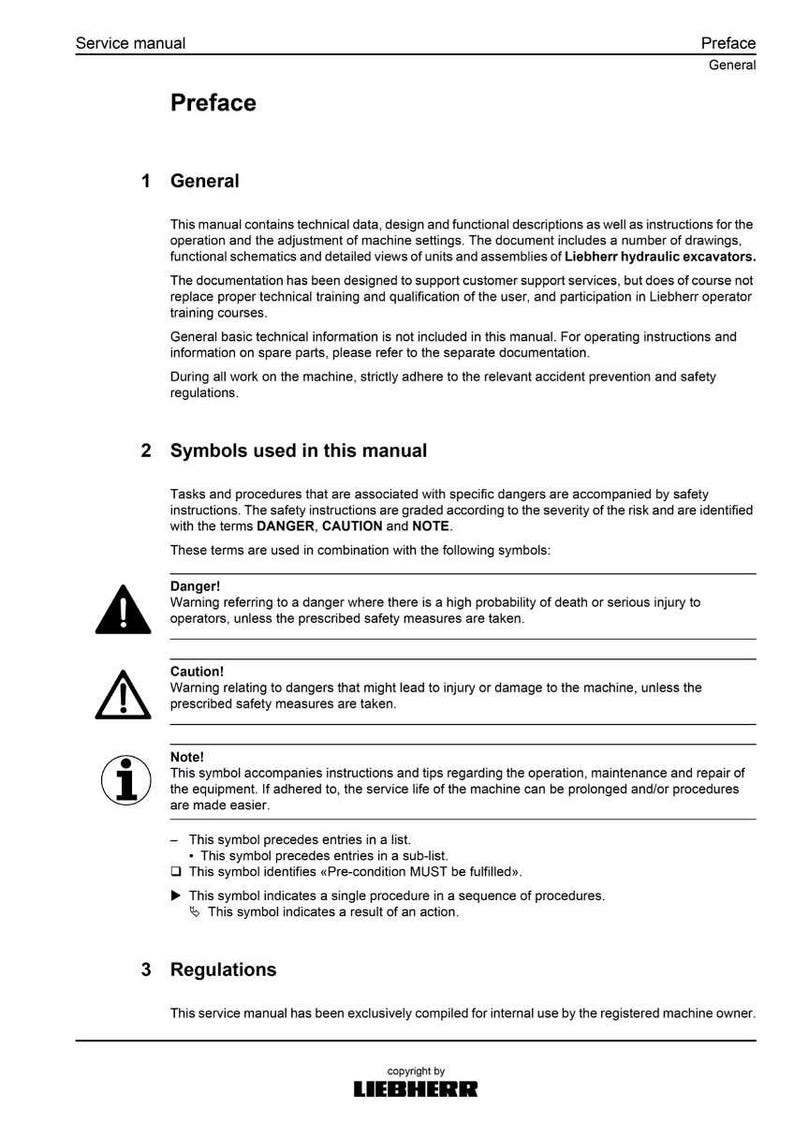 May include: A service manual page titled "Preface" with sections on general information, symbols, and regulations. The manual includes safety warnings and instructions for Liebherr hydraulic excavators. The document is for internal use.