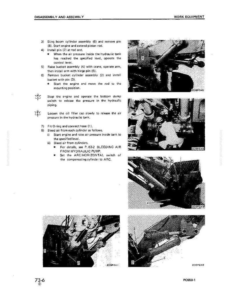 May include: A page from a manual titled "Disassembly and Assembly" for work equipment. The page includes text instructions and diagrams of machinery components, with close-up images of hydraulic systems and mechanical parts.