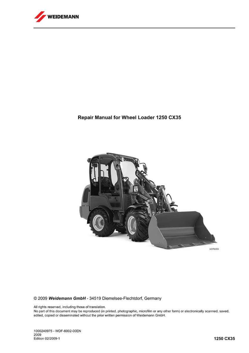 May include: A repair manual for a Wheel Loader 1250 CX35. The image shows a black and gray wheel loader with a large bucket. The Weidemann logo is at the top, and the text "Repair Manual" is visible.
