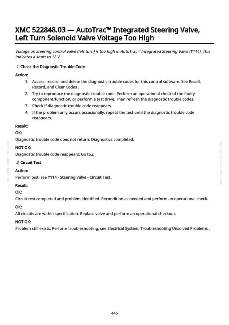 May include: A page from a manual with troubleshooting steps for an AutoTrac Integrated Steering Valve. The text includes diagnostic trouble codes, circuit tests, and voltage checks. The page is white with black text.
