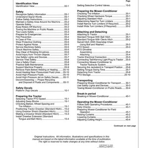 May include: A detailed table of contents page from a manual, likely for agricultural equipment. The page lists safety instructions, procedures for operating and maintaining machinery, and other technical information. The text is black on a white background.