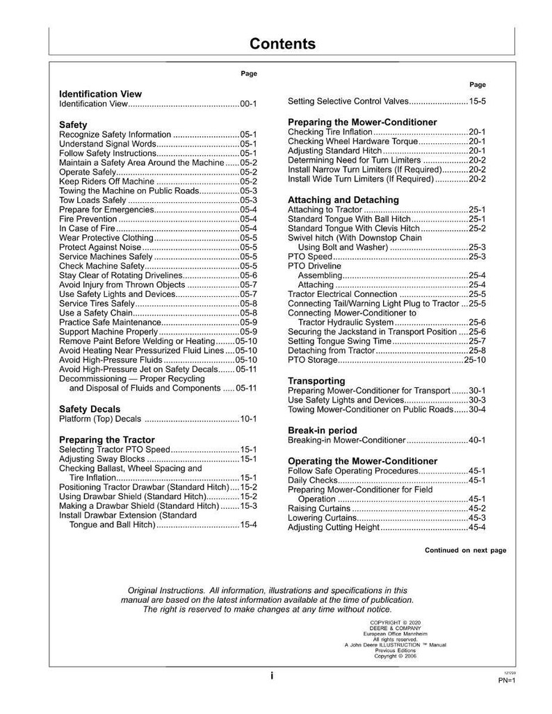 May include: A detailed table of contents page from a manual, likely for agricultural equipment. The page lists safety instructions, procedures for operating and maintaining machinery, and other technical information. The text is black on a white background.