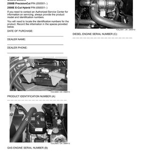 Puede incluir: Documento de identificaci&oacute;n del producto para Greens Mowers. El documento incluye im&aacute;genes de componentes del motor y espacios para registrar los n&uacute;meros de identificaci&oacute;n del producto, incluidos los n&uacute;meros de serie del motor di&eacute;sel y de gasolina. El documento tambi&eacute;n incluye la fecha de compra, el nombre del distribuidor y el tel&eacute;fono del distribuidor.