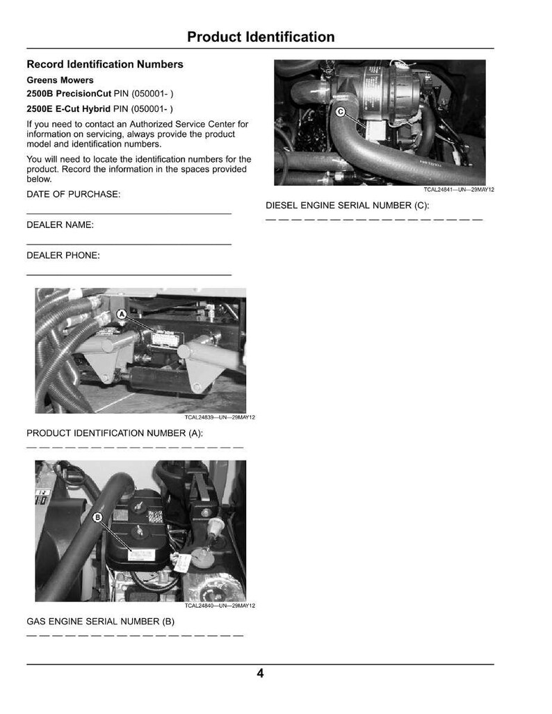 Puede incluir: Documento de identificaci&oacute;n del producto para Greens Mowers. El documento incluye im&aacute;genes de componentes del motor y espacios para registrar los n&uacute;meros de identificaci&oacute;n del producto, incluidos los n&uacute;meros de serie del motor di&eacute;sel y de gasolina. El documento tambi&eacute;n incluye la fecha de compra, el nombre del distribuidor y el tel&eacute;fono del distribuidor.