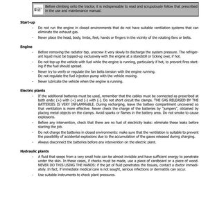 May include: Page from a manual with safety instructions for a tractor. Text includes warnings about engine start-up, electric and hydraulic plants, and general safety precautions. Section 1001 is visible.