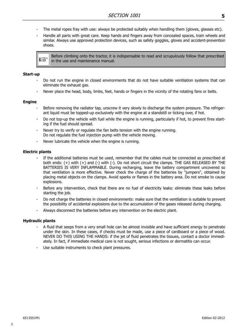 May include: Page from a manual with safety instructions for a tractor. Text includes warnings about engine start-up, electric and hydraulic plants, and general safety precautions. Section 1001 is visible.