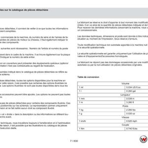 Op de afbeelding: Een pagina uit een onderdelencatalogus met Franse tekst, inclusief een conversietabel voor volume, lengte en gewicht. De catalogus bevat het Kramer-logo en technische specificaties.