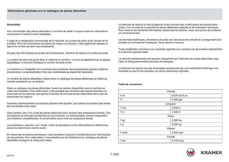 Op de afbeelding: Een pagina uit een onderdelencatalogus met Franse tekst, inclusief een conversietabel voor volume, lengte en gewicht. De catalogus bevat het Kramer-logo en technische specificaties.
