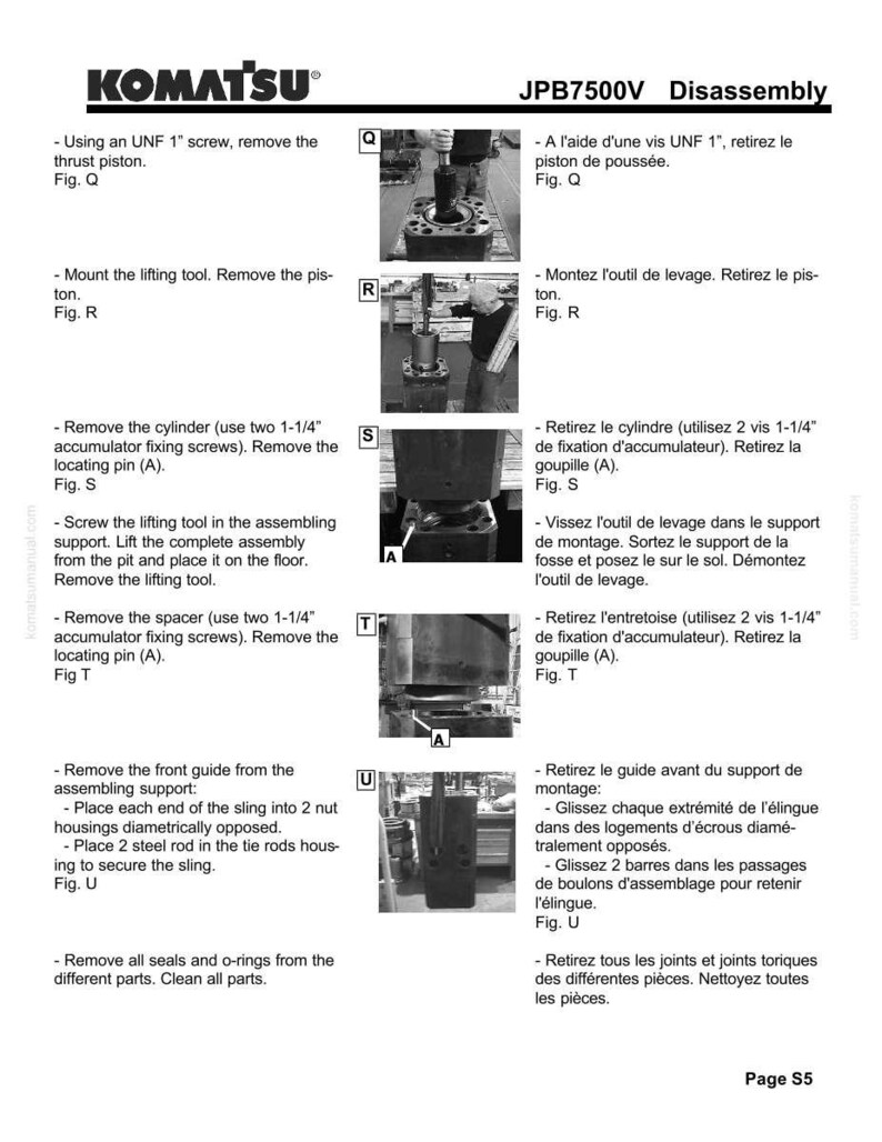 May include: A Komatsu JPB7500V Disassembly manual page with text and diagrams. The page includes instructions for removing parts, such as the thrust piston, cylinder, and front guide. The diagrams show the steps involved in the disassembly process.