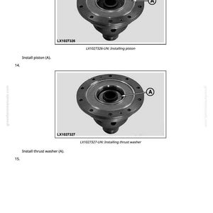 May include: Two grayscale images of mechanical components, possibly for vehicle repair. The top image, labelled LX1027326, shows a piston installation. The bottom image, labelled LX1027327, depicts a thrust washer installation. Both images have arrows pointing to parts.