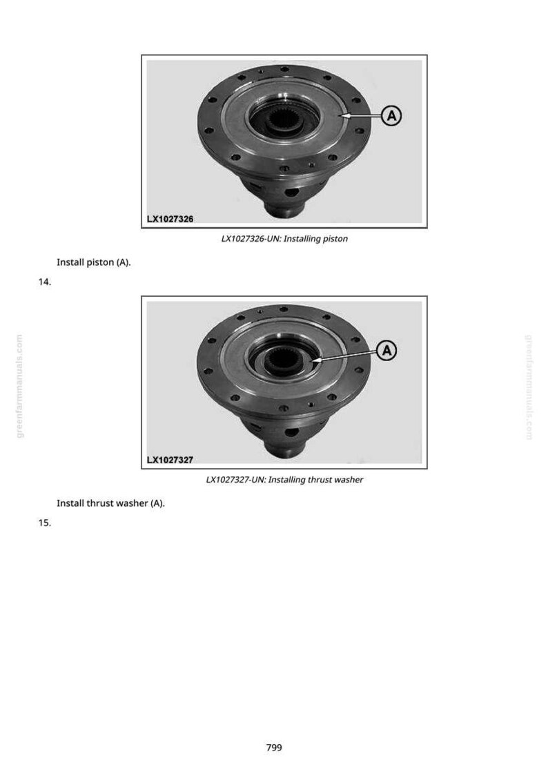 May include: Two grayscale images of mechanical components, possibly for vehicle repair. The top image, labelled LX1027326, shows a piston installation. The bottom image, labelled LX1027327, depicts a thrust washer installation. Both images have arrows pointing to parts.