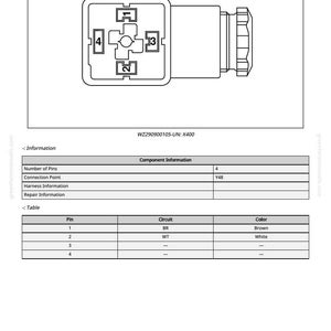 May include: Diagram of an electrical component with a rectangular housing and a connector. The component has four pins labeled 1-4, and the text "WZ290900105-UN: X400". A table shows pin, circuit, and colour information.