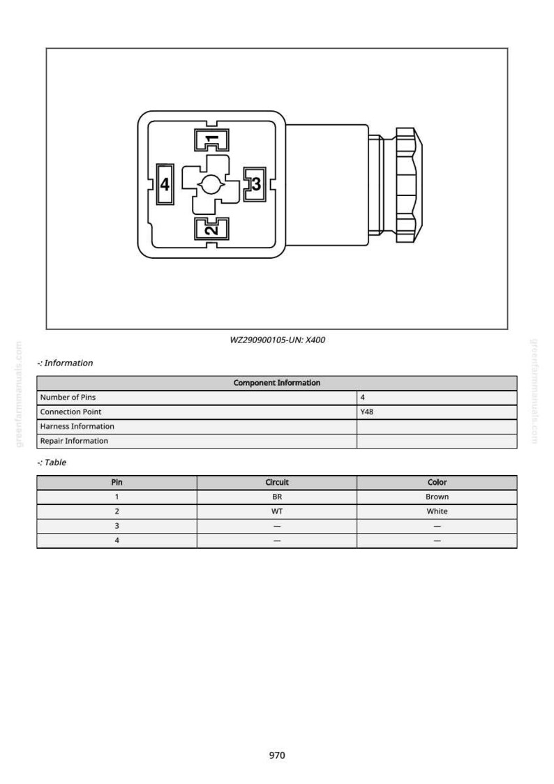 May include: Diagram of an electrical component with a rectangular housing and a connector. The component has four pins labeled 1-4, and the text "WZ290900105-UN: X400". A table shows pin, circuit, and colour information.