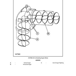 Op de afbeelding: Technische tekening van een losschroefbocht, gelabeld H47980. De afbeelding toont een verticale schroef, een horizontale schroef en het einde van de schroefvlucht. De tekst "H47980-UN: Unloading Auger Elbow" is ook aanwezig.