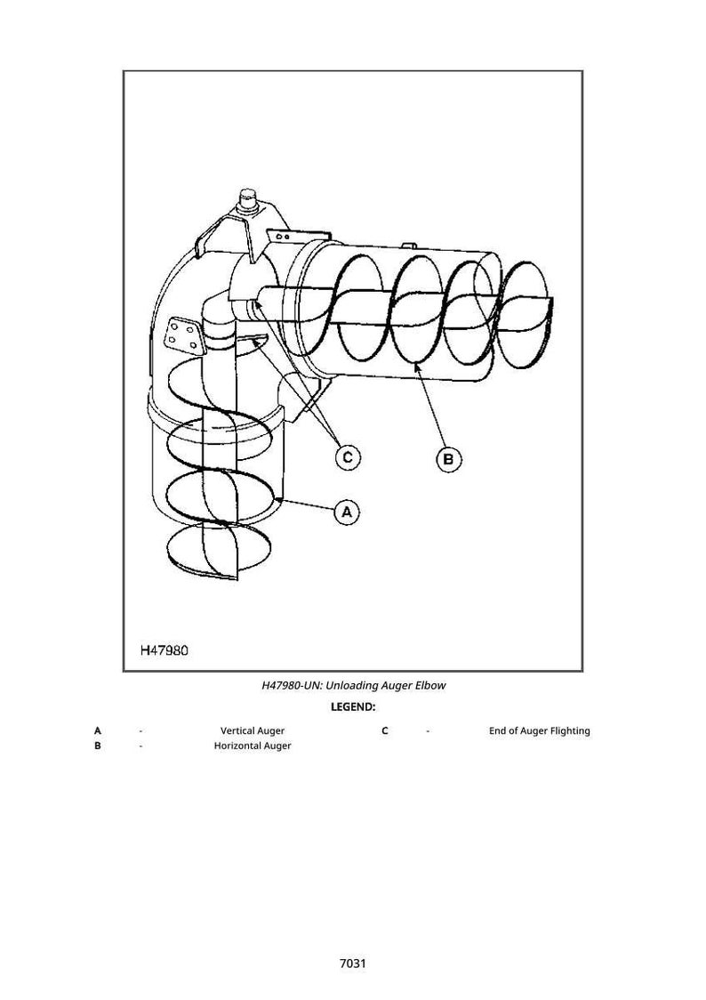 Op de afbeelding: Technische tekening van een losschroefbocht, gelabeld H47980. De afbeelding toont een verticale schroef, een horizontale schroef en het einde van de schroefvlucht. De tekst "H47980-UN: Unloading Auger Elbow" is ook aanwezig.