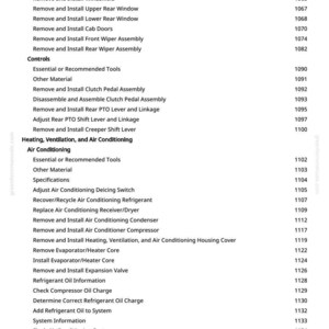 May include: A page from a manual with a list of automotive repair procedures, including air conditioning and heating system maintenance. The text is black on a white background, with section titles and page numbers.