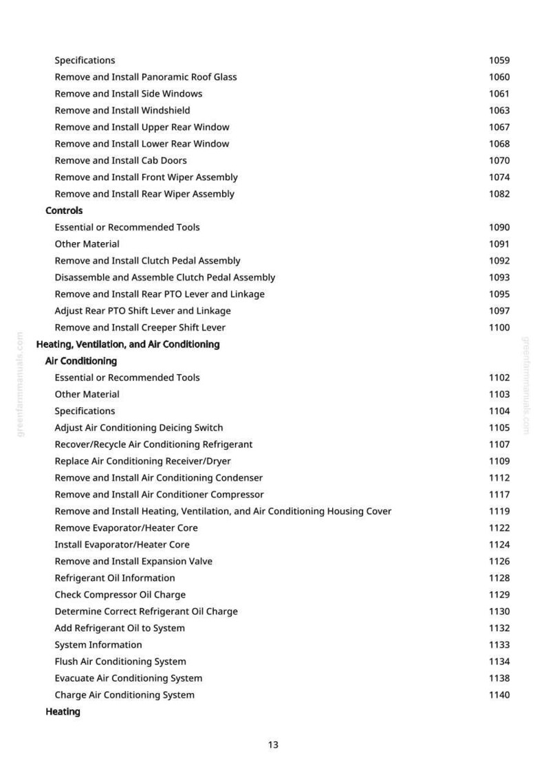 May include: A page from a manual with a list of automotive repair procedures, including air conditioning and heating system maintenance. The text is black on a white background, with section titles and page numbers.