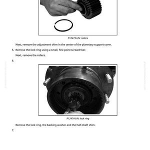 K&ouml;nnte beinhalten: Schwarz-Wei&szlig;-Bild von mechanischen Komponenten. Das obere Bild zeigt eine Zahnradanordnung mit dem Text "P12473-UN: rollers". Das untere Bild zeigt eine gr&ouml;&szlig;ere Zahnradanordnung mit dem Text "P12474-UN: lock ring".