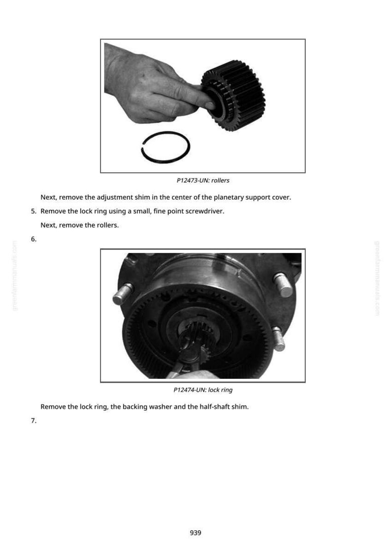 K&ouml;nnte beinhalten: Schwarz-Wei&szlig;-Bild von mechanischen Komponenten. Das obere Bild zeigt eine Zahnradanordnung mit dem Text "P12473-UN: rollers". Das untere Bild zeigt eine gr&ouml;&szlig;ere Zahnradanordnung mit dem Text "P12474-UN: lock ring".