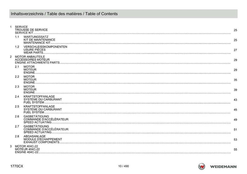 May include: A page from a manual titled "Table of Contents" in English, French, and German. The document lists various service and engine-related components, including wear parts, fuel systems, and exhaust components. The page number is 10/490.