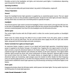 May include: A detailed document titled "Lights Circuit Operation, EEC" with text explaining the function and operation of vehicle lights, including headlights, marker lights, and turn signals. The document includes diagrams and technical specifications.