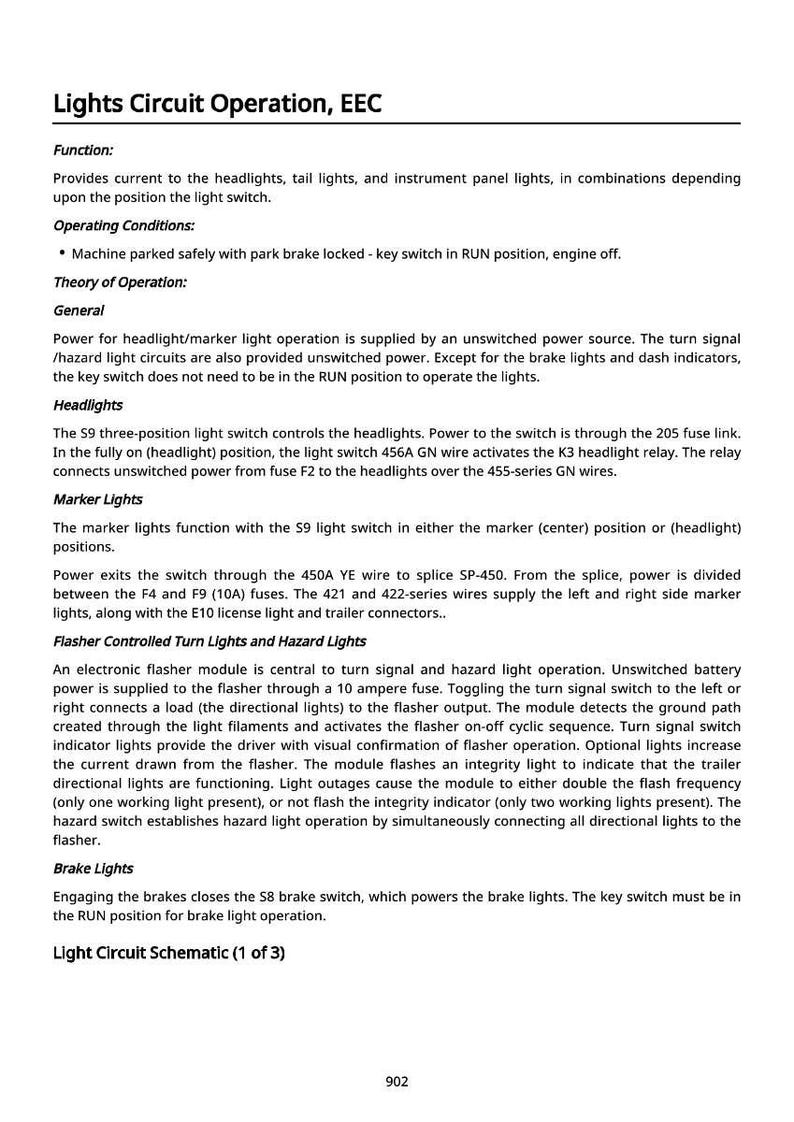 May include: A detailed document titled "Lights Circuit Operation, EEC" with text explaining the function and operation of vehicle lights, including headlights, marker lights, and turn signals. The document includes diagrams and technical specifications.