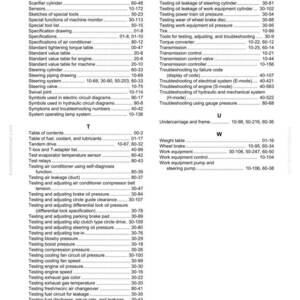 Może przedstawiać: Strona z instrukcji obsługi Komatsu, zawierająca indeks i spis treści. Indeks zawiera r&oacute;żne procedury testowe, w tym dotyczące element&oacute;w silnika, klimatyzacji i hamulc&oacute;w. Strona jest biała z czarnym tekstem.