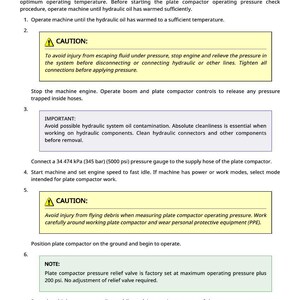 May include: A page from a manual detailing the operating pressure check for a plate compactor. The text includes safety warnings, instructions, and a note about the pressure relief valve set at 200 psi.