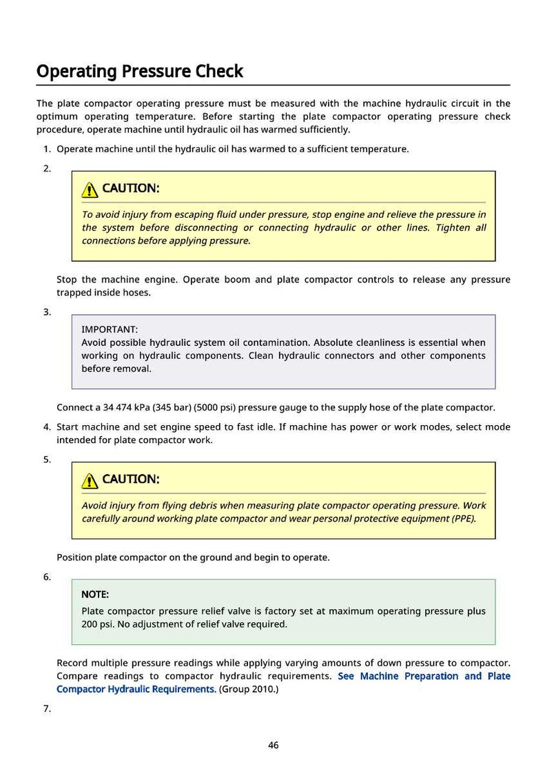May include: A page from a manual detailing the operating pressure check for a plate compactor. The text includes safety warnings, instructions, and a note about the pressure relief valve set at 200 psi.