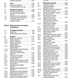May include: A detailed table of contents from a Weidemann manual, listing vehicle maintenance and repair procedures. Sections include engine, hydraulic system, and electrical system maintenance, with page numbers for easy reference.