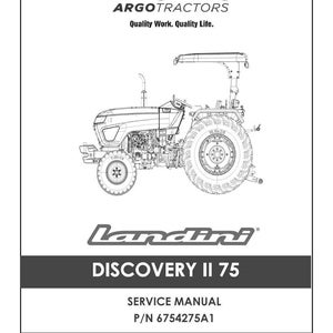 Puede incluir: Manual de servicio para el tractor Landini Discovery II 75. La portada presenta un dibujo lineal detallado del tractor, el logotipo de Argo Tractors y el texto "Quality Work. Quality Life."