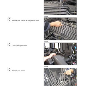 May include: Page from a Fendt tractor manual showing steps for drive train maintenance. Images detail detaching a screw coupling, removing pipe clamps, unplugging an oil hose, and removing a pipe clamp. The Fendt logo is visible.