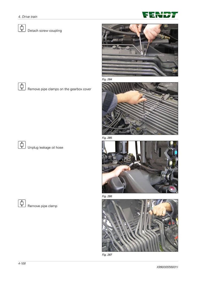 May include: Page from a Fendt tractor manual showing steps for drive train maintenance. Images detail detaching a screw coupling, removing pipe clamps, unplugging an oil hose, and removing a pipe clamp. The Fendt logo is visible.